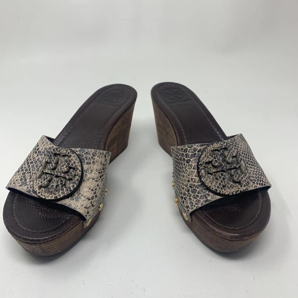 Tory Burch Womens Sandals Brown Black Snake Skin Platform Heels Leather 7 M
